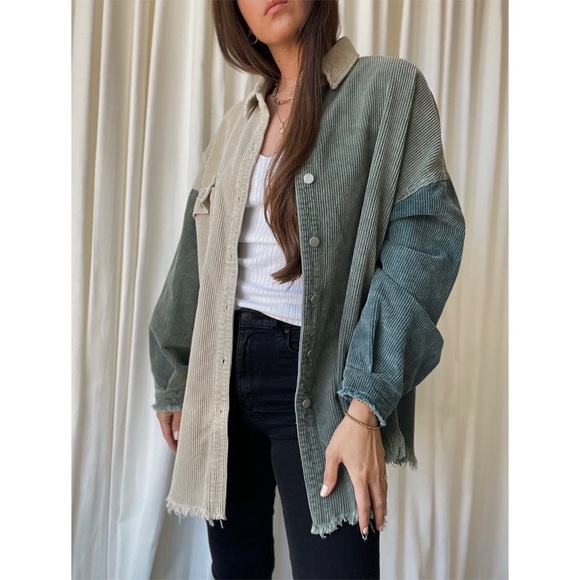 HEATHER CORDUROY SHACKET — Olive/Cream/Teal - Picture 6 of 10